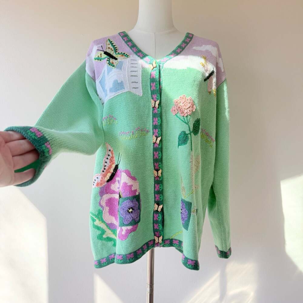 Vintage Storybook Butterfly and Floral Garden Knit Cardigan Sweater - Picture 2 of 15